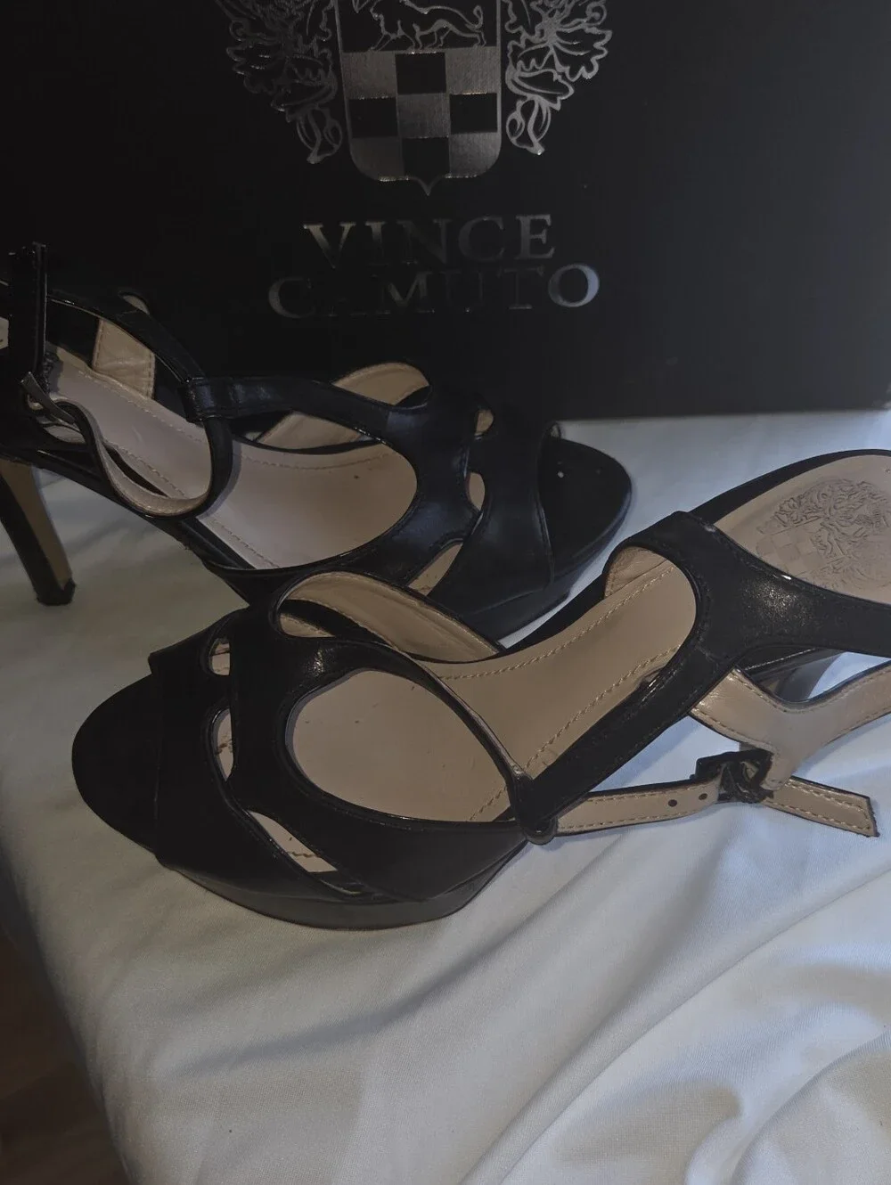 Vince Camuto Black Leather Peep-Toe Slingback Platform Heels